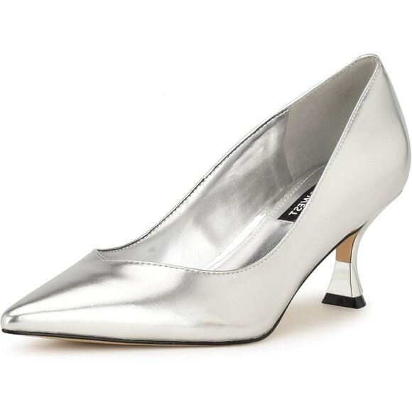 Nine West Womens Silver 040 Leather Closed Pointed Toe Kitten Heels Pumps Shoes - Picture 1 of 5